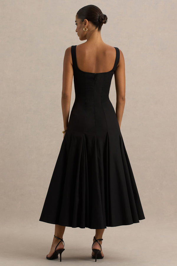 Club L Magnolia Black Scoop-Neck Midi Dress With Drop-Waist And Ruffling Detail