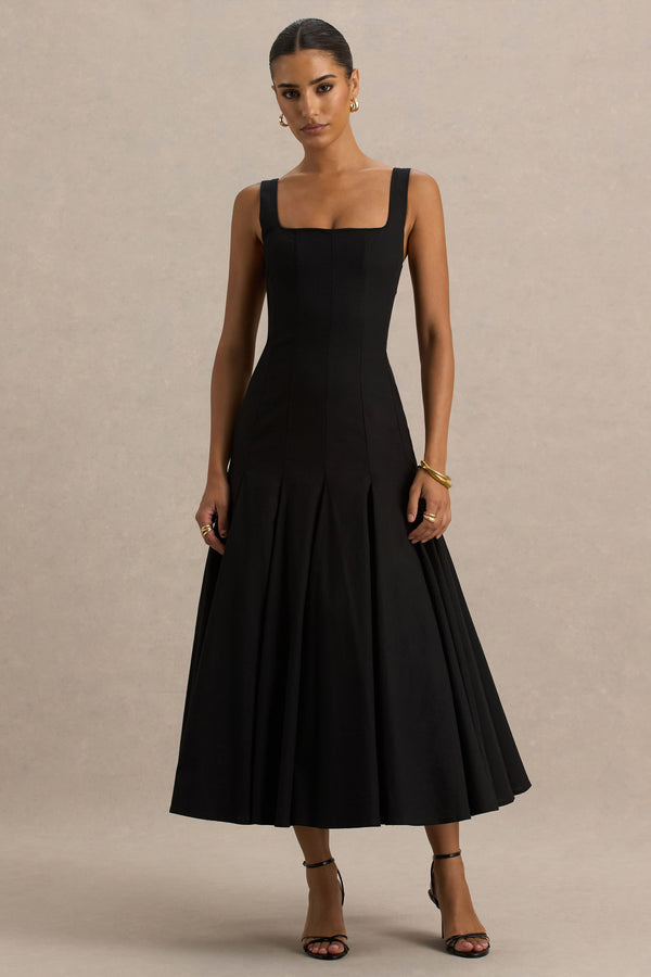 Club L Magnolia Black Scoop-Neck Midi Dress With Drop-Waist And Ruffling Detail