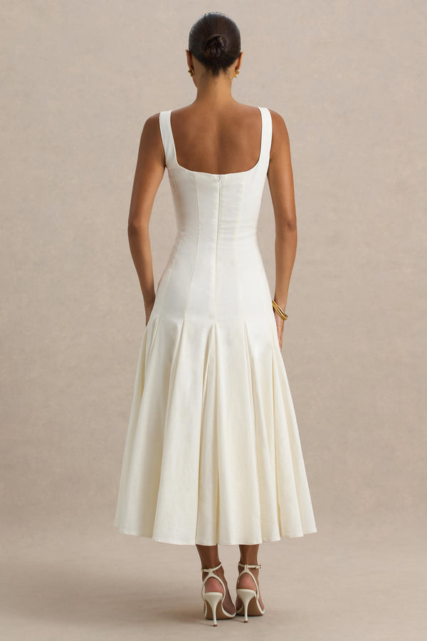 Club L Magnolia White Scoop-Neck Midi Dress With Drop-Waist And Ruffling Detail