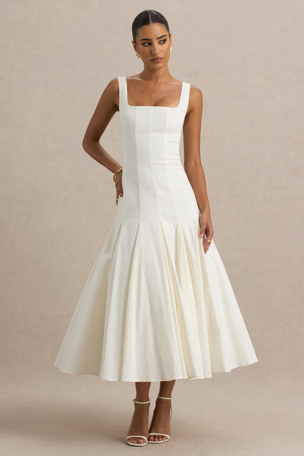 Club L Magnolia White Scoop-Neck Midi Dress With Drop-Waist And Ruffling Detail