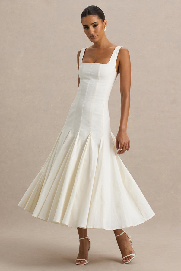 Club L Magnolia White Scoop-Neck Midi Dress With Drop-Waist And Ruffling Detail