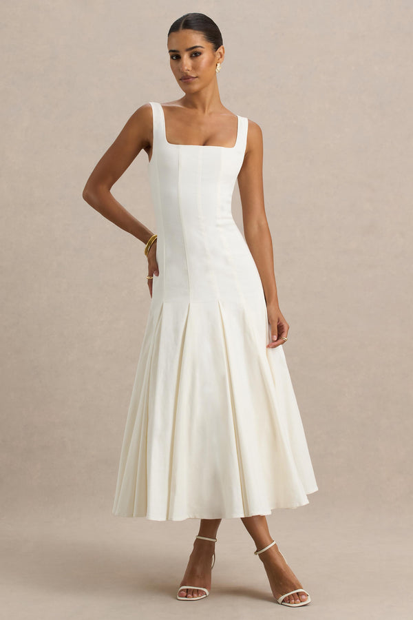 club l Magnolia White Scoop-Neck Midi Dress With Drop-Waist And Ruffling Detail