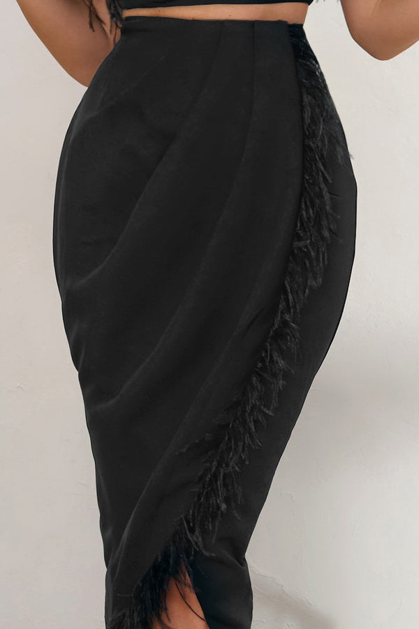 Club L Margarita Black High Waist Wrap Front Midi Skirt With Feather Trim