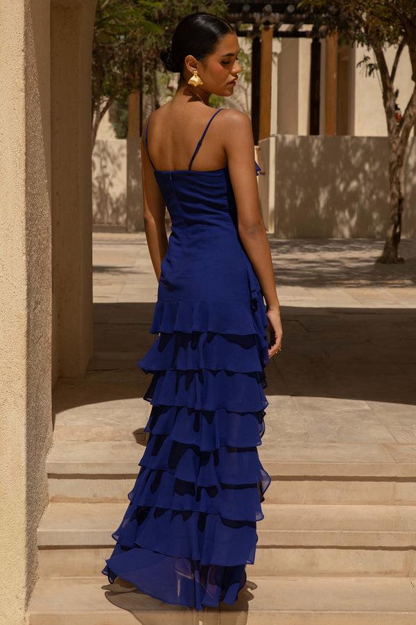 Club L Marlee Blue Chiffon Plunge-Neck High-Low Maxi Dress