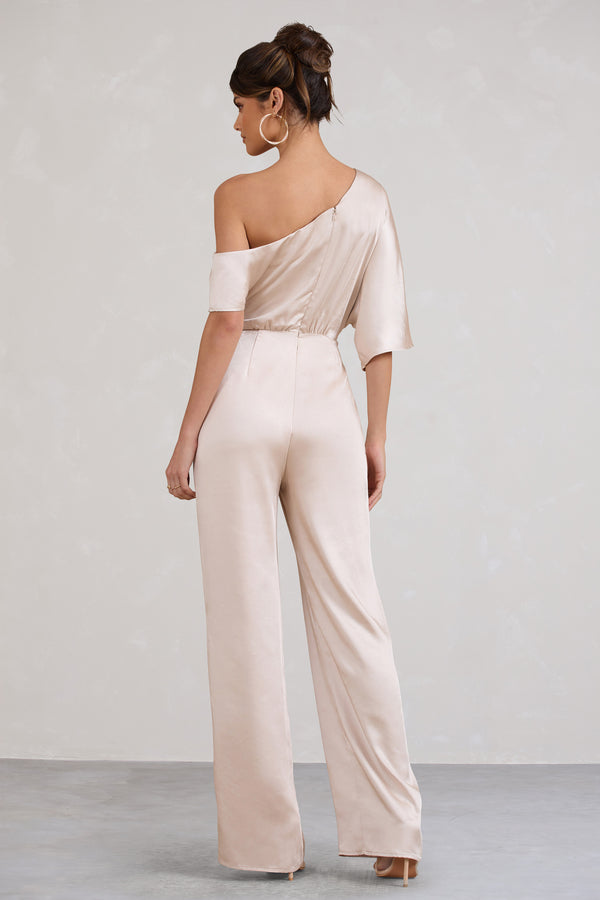 Club L Marvellous Champagne Satin Asymmetric Flared-Leg Jumpsuit