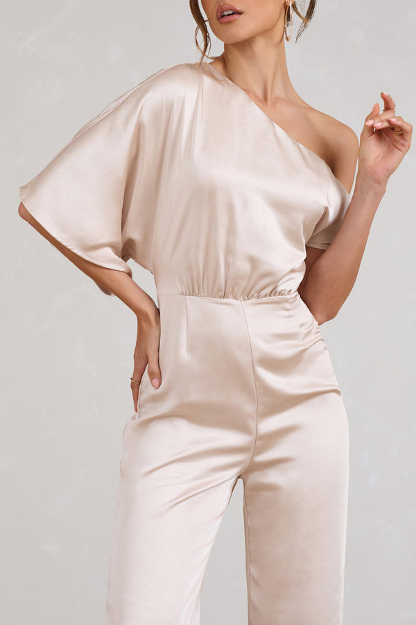 Club L Marvellous Champagne Satin Asymmetric Flared-Leg Jumpsuit