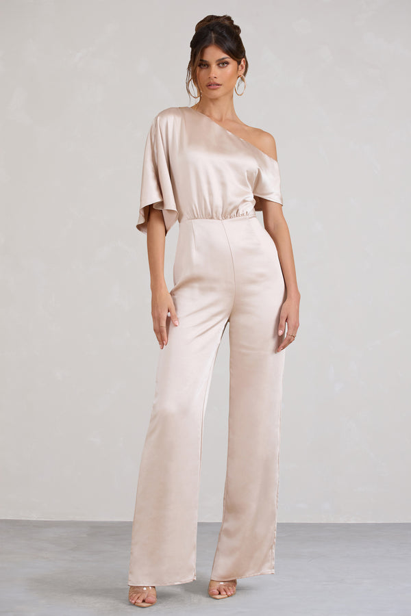 Club L Marvellous Champagne Satin Asymmetric Flared-Leg Jumpsuit
