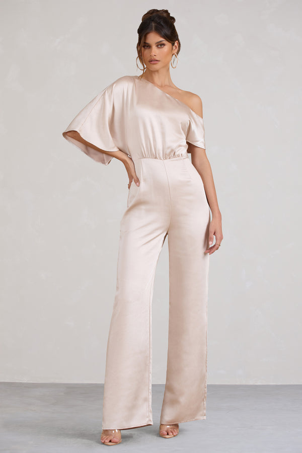 club l Marvellous Champagne Satin Asymmetric Flared-Leg Jumpsuit