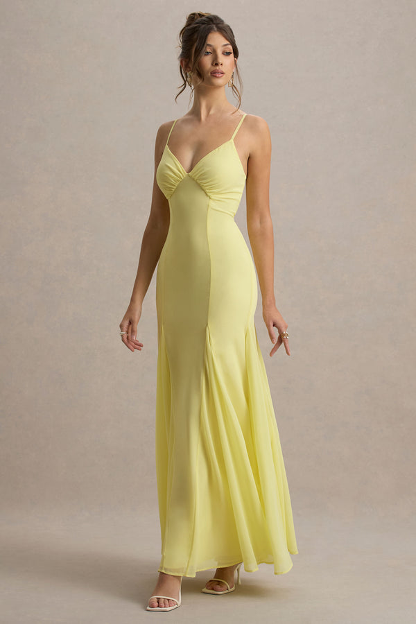 club l Massie Lemon Chiffon Strappy Maxi Dress With Volume Hem