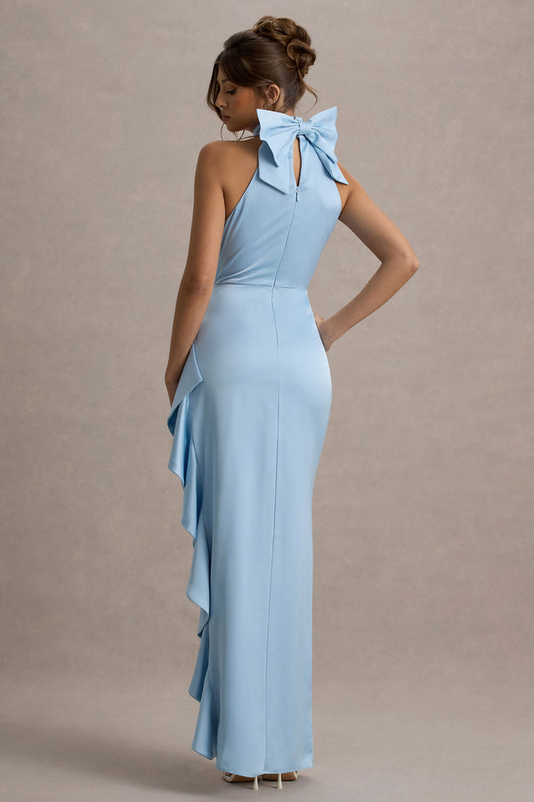 Club L Maureen Powder Blue Satin High-Neck Draped Maxi Dress
