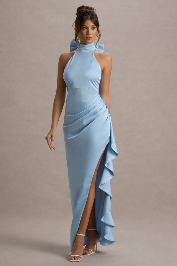 Club L Maureen Powder Blue Satin High-Neck Draped Maxi Dress