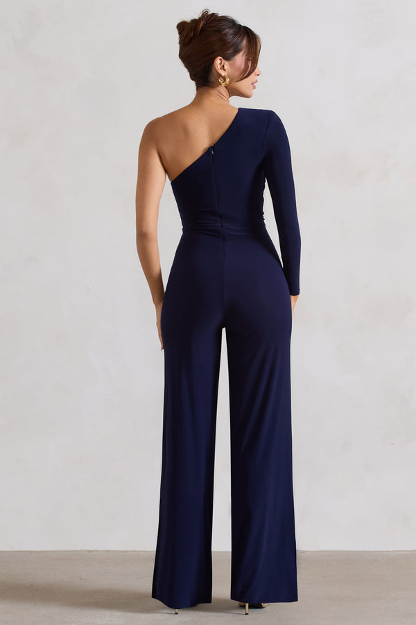 Club L Mila Navy One Shoulder Ruched Wide Leg Jumpsuit