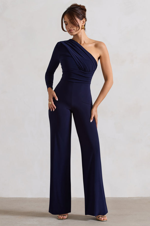 Club L Mila Navy One Shoulder Ruched Wide Leg Jumpsuit