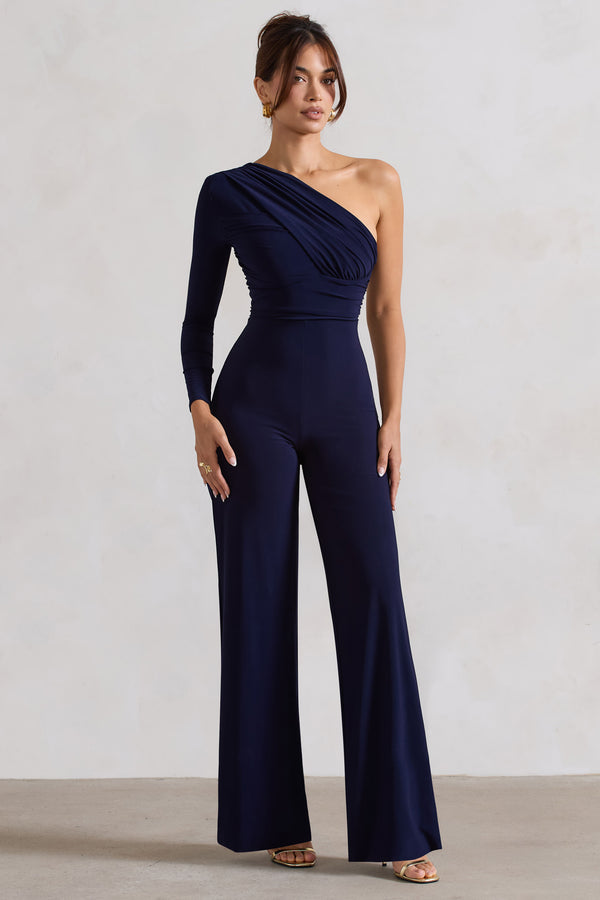 club l Mila Navy One Shoulder Ruched Wide Leg Jumpsuit