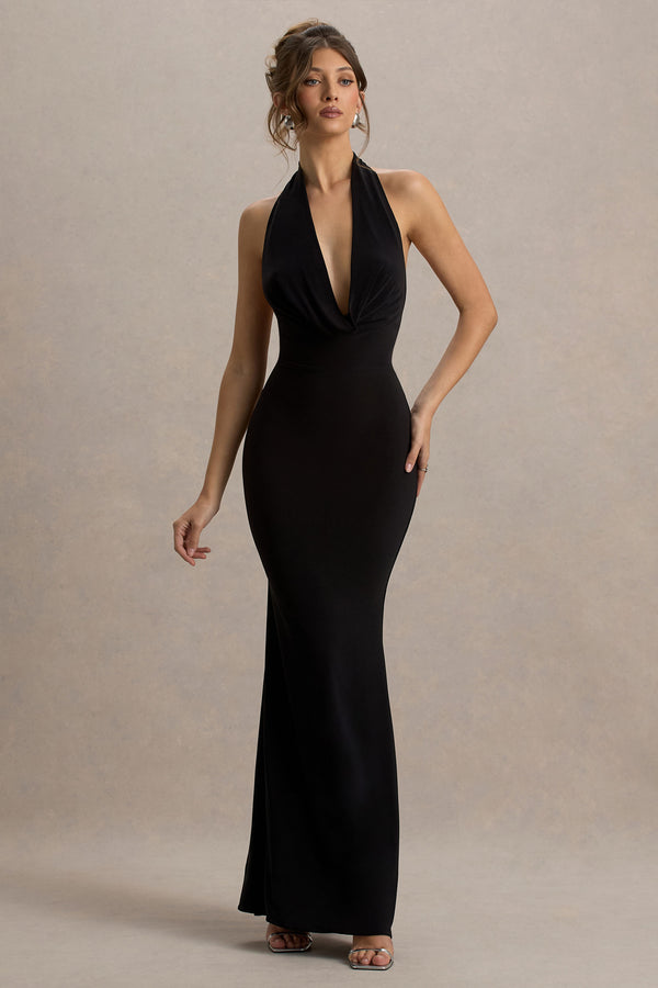 Club L Milani Black Backless Cowl Neck Fishtail Maxi Dress