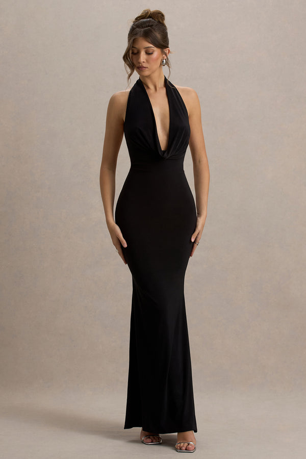 club l Milani Black Backless Cowl Neck Fishtail Maxi Dress