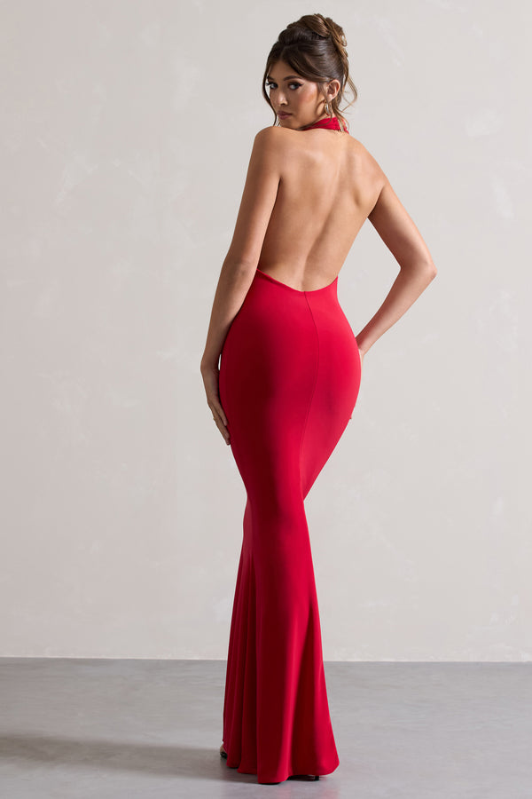 Club L Milani Red Backless Cowl Neck Fishtail Maxi Dress