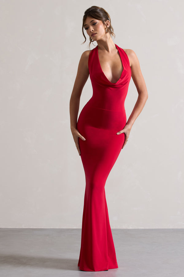 Club L Milani Red Backless Cowl Neck Fishtail Maxi Dress
