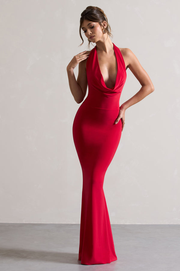 club l Milani Red Backless Cowl Neck Fishtail Maxi Dress