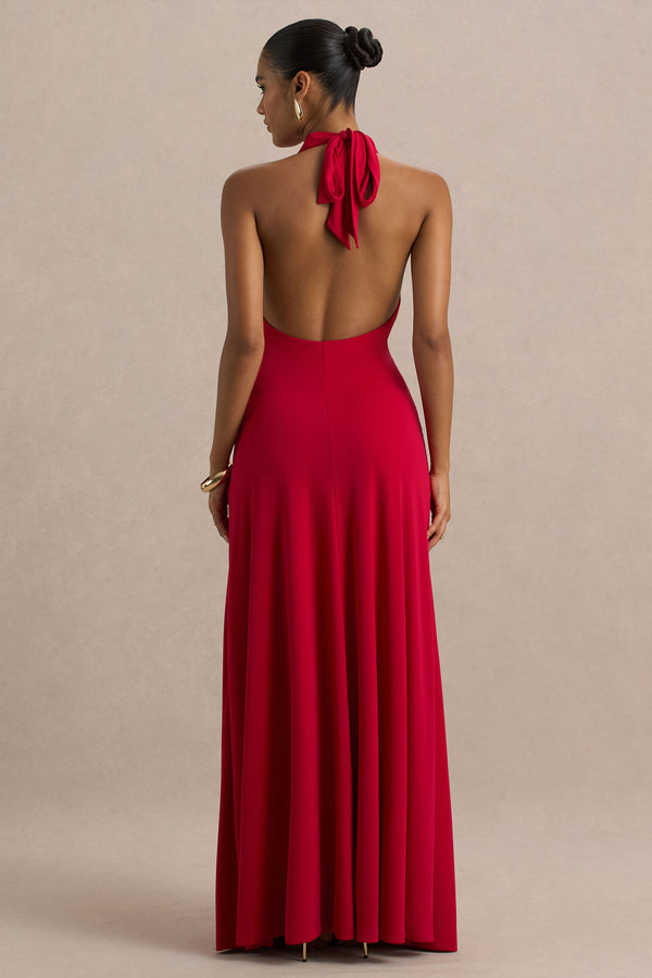 Club L Mist Red Plunge-Neck Maxi Dress With Sash Detail And Front High Split