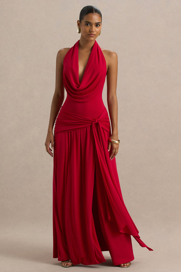 Club L Mist Red Plunge-Neck Maxi Dress With Sash Detail And Front High Split