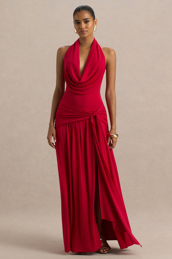Club L Mist Red Plunge-Neck Maxi Dress With Sash Detail And Front High Split