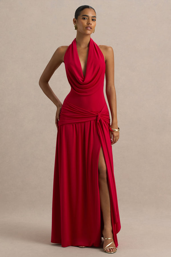 club l Mist Red Plunge-Neck Maxi Dress With Sash Detail And Front High Split