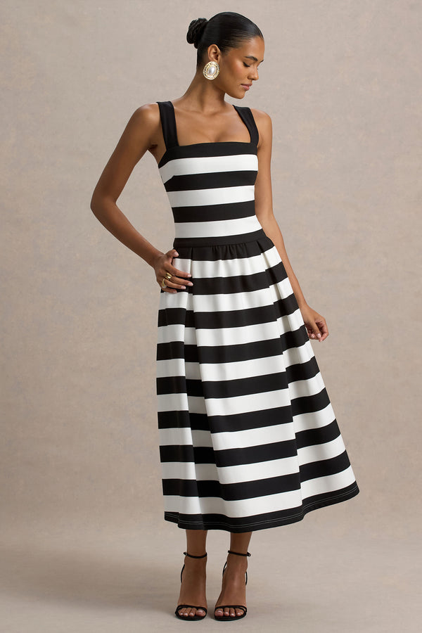 Club L Monte Carlo Black & White Striped Square-Neck Drop-Waist Midi Dress