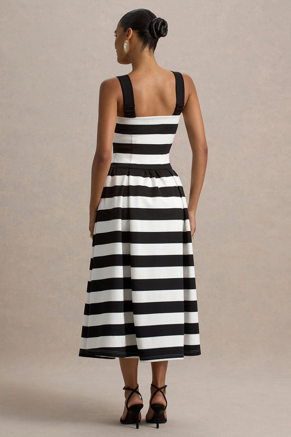 Club L Monte Carlo Black & White Striped Square-Neck Drop-Waist Midi Dress