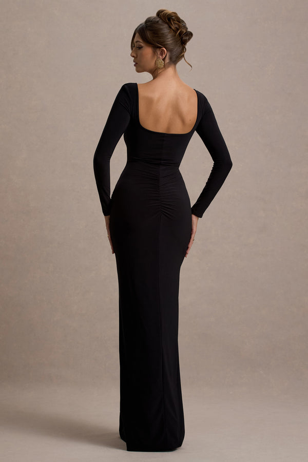 Club L My Pleasure Black Square Neck Ruched Maxi Dress