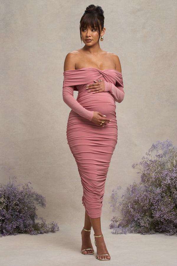 club l Neva Blush Bardot Twist Maternity Midi Dress