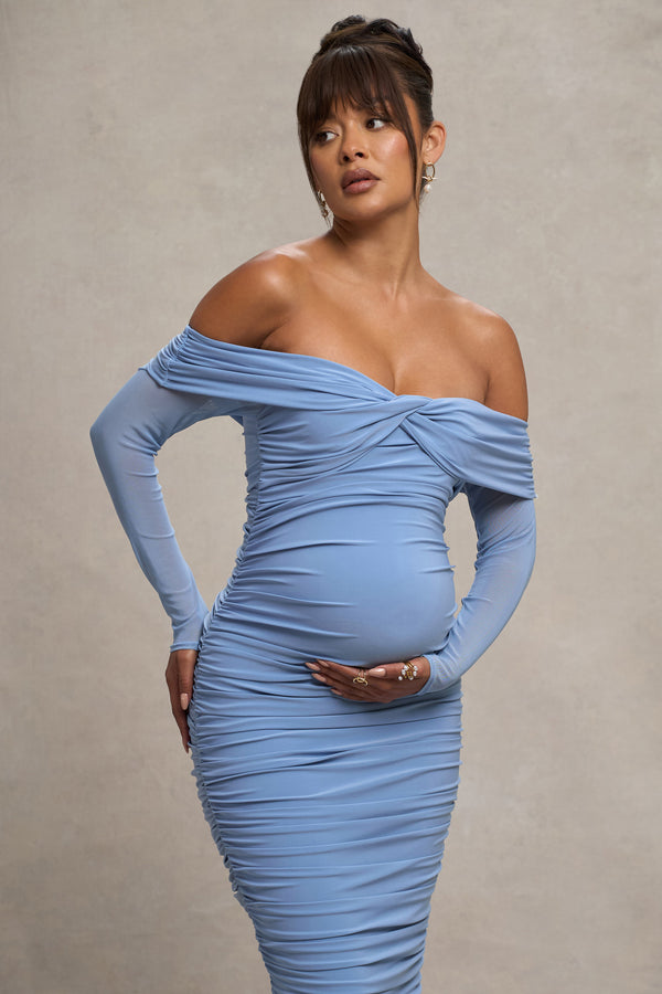 Club L Neva Powder Blue Bardot Twist Maternity Midi Dress