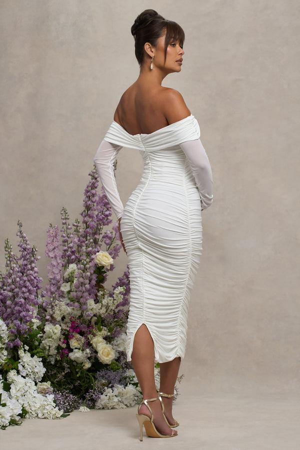 Club L Neva White Bardot Twist Maternity Midi Dress