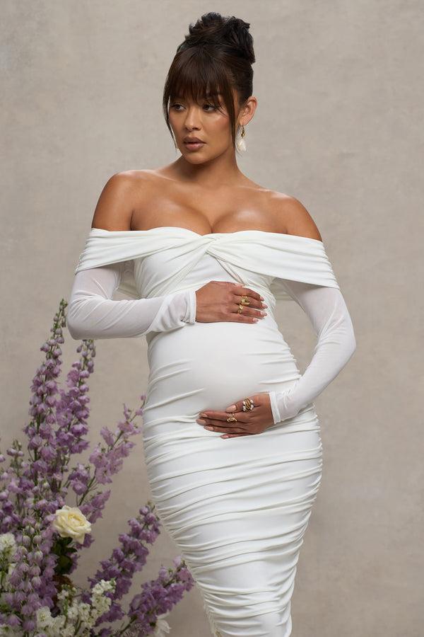 Club L Neva White Bardot Twist Maternity Midi Dress