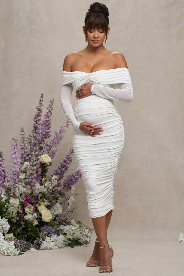 Club L Neva White Bardot Twist Maternity Midi Dress