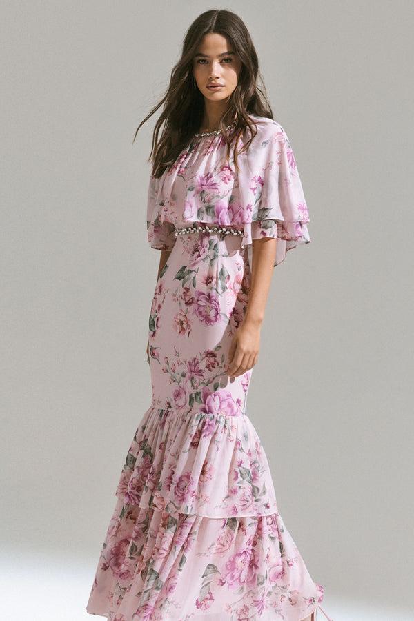 club l Never Let Go Pink Floral Print Chiffon Maxi Dress With Tiered Hem