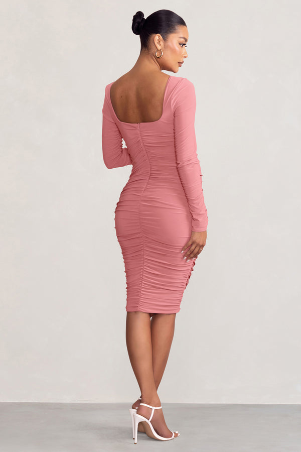 Club L New Life Pink Maternity Square Neck Ruched Midi Dress