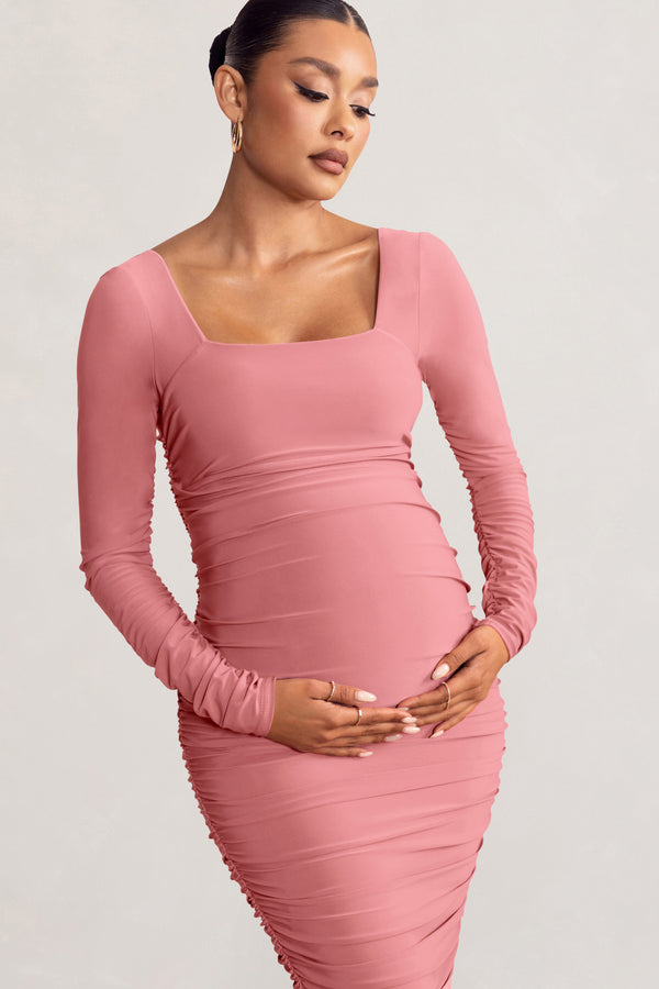 Club L New Life Pink Maternity Square Neck Ruched Midi Dress