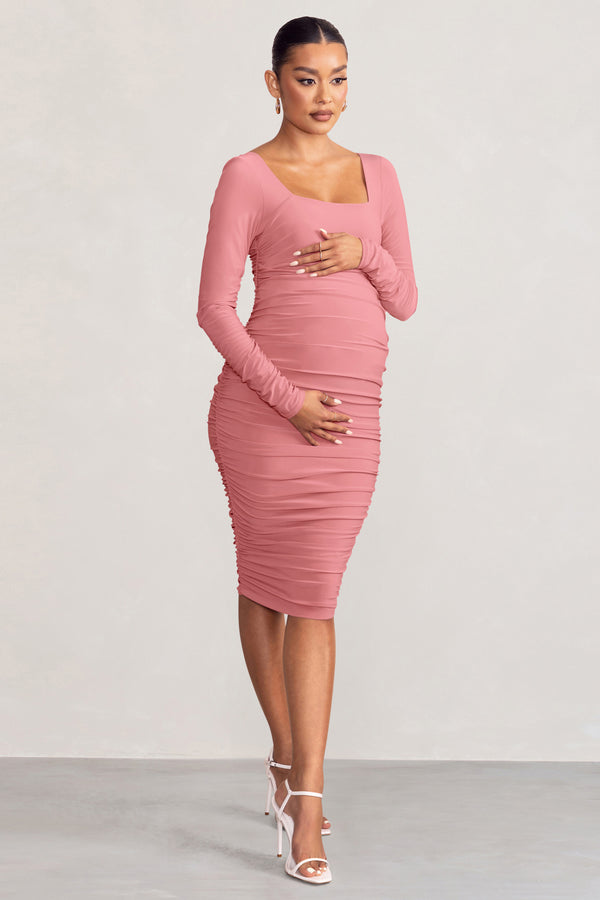 club l New Life Pink Maternity Square Neck Ruched Midi Dress