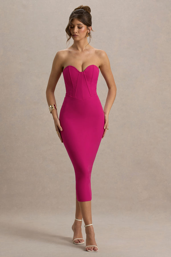 club l Nina Dark Pink Structured Strapless Corset Midi Dress