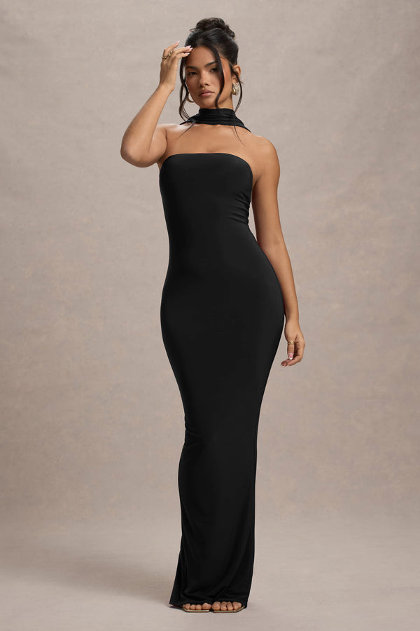 Club L Nobu Black Bandeau Maxi Dress With Halter-Collar