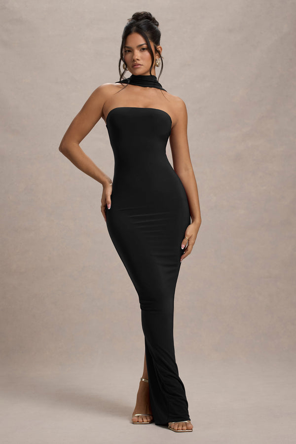 club l Nobu Black Bandeau Maxi Dress With Halter-Collar