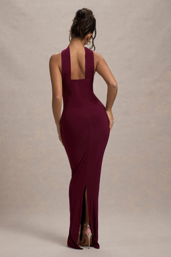 Club L Nobu Burgundy Bandeau Maxi Dress With Halter-Collar