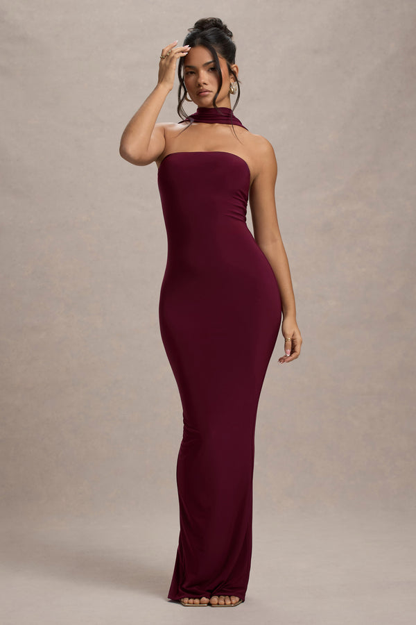 Club L Nobu Burgundy Bandeau Maxi Dress With Halter-Collar