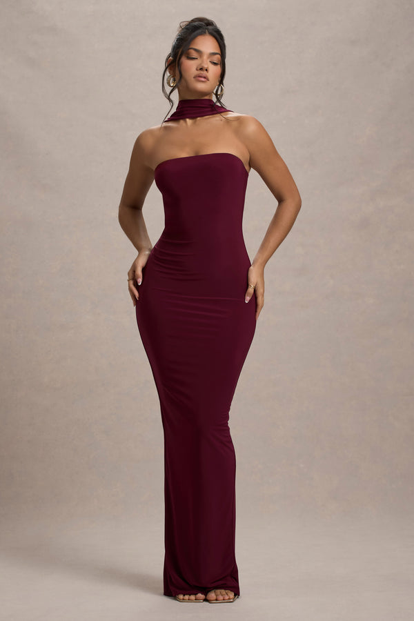 club l Nobu Burgundy Bandeau Maxi Dress With Halter-Collar