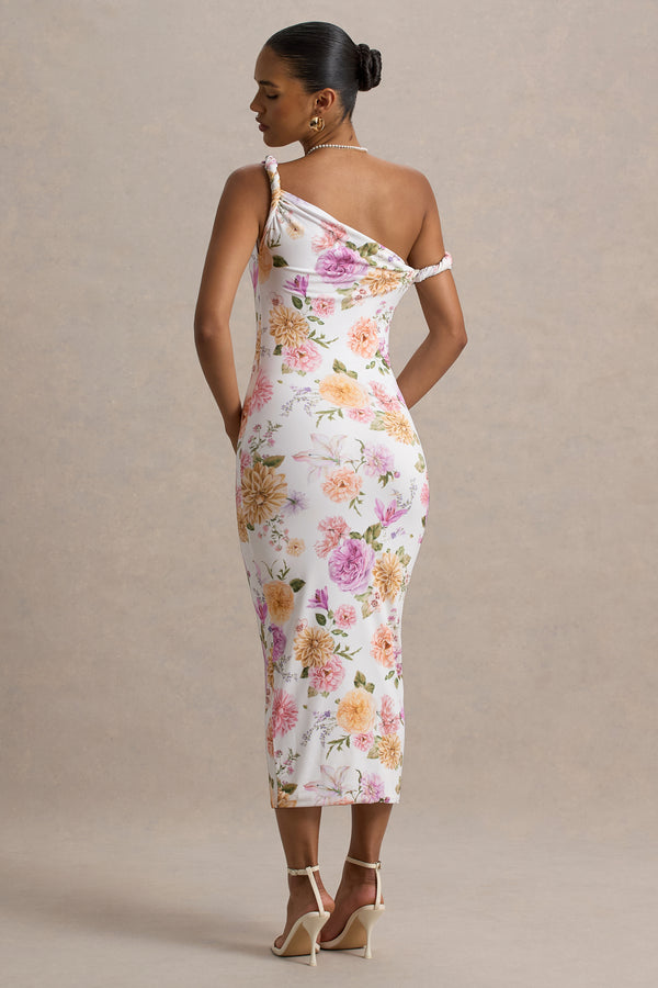 Club L Nora Peach And Lilac Floral Twisted Asymmetric Midi Dress