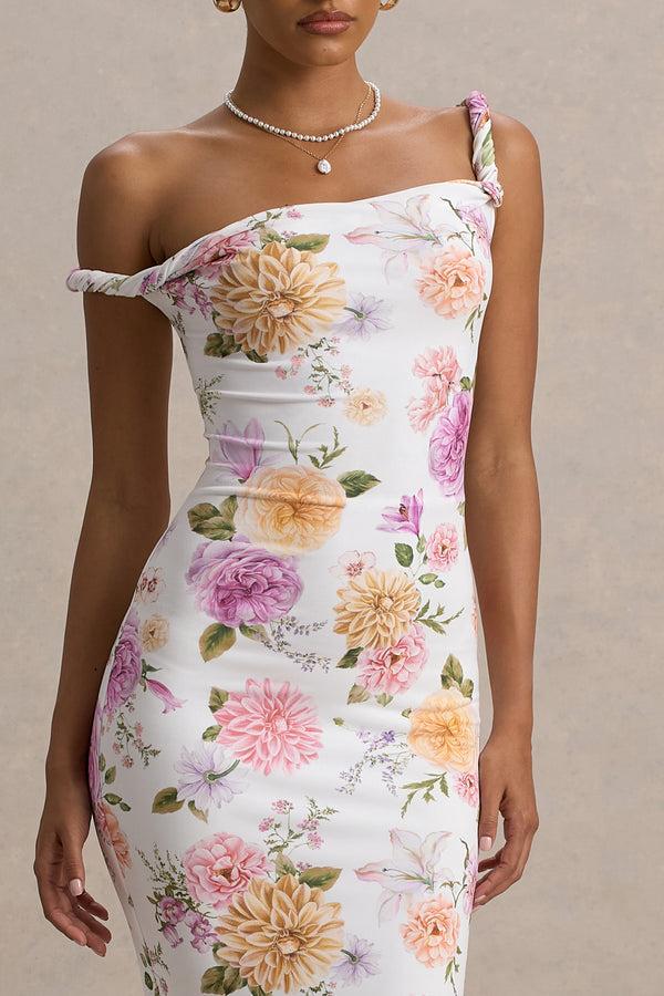 Club L Nora Peach And Lilac Floral Twisted Asymmetric Midi Dress