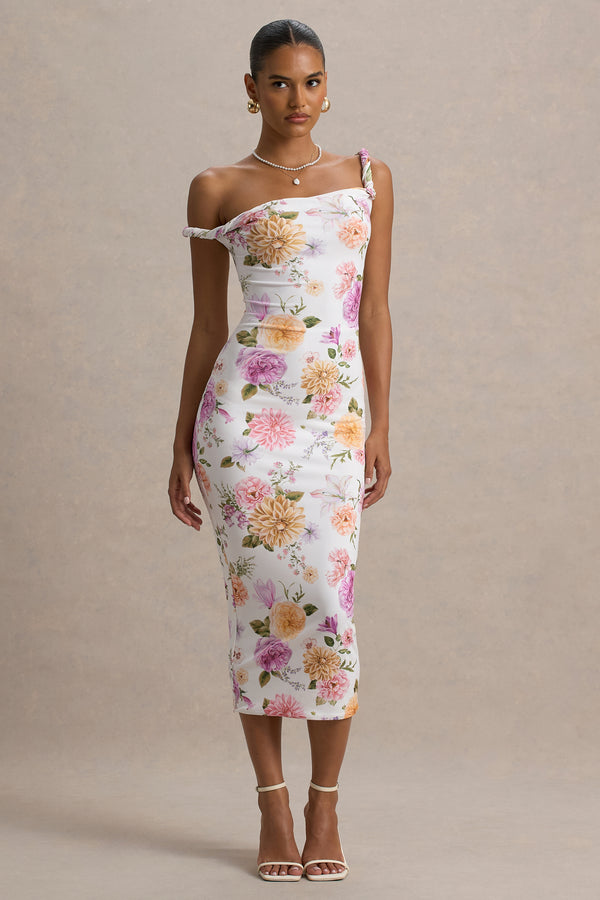 Club L Nora Peach And Lilac Floral Twisted Asymmetric Midi Dress