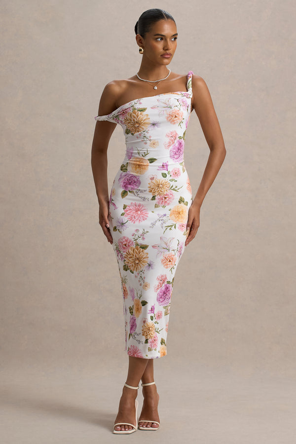 club l Nora Peach And Lilac Floral Twisted Asymmetric Midi Dress