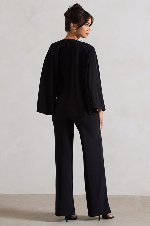 Club L Nori Black Plunge-Neck Straight-Leg Cape Jumpsuit